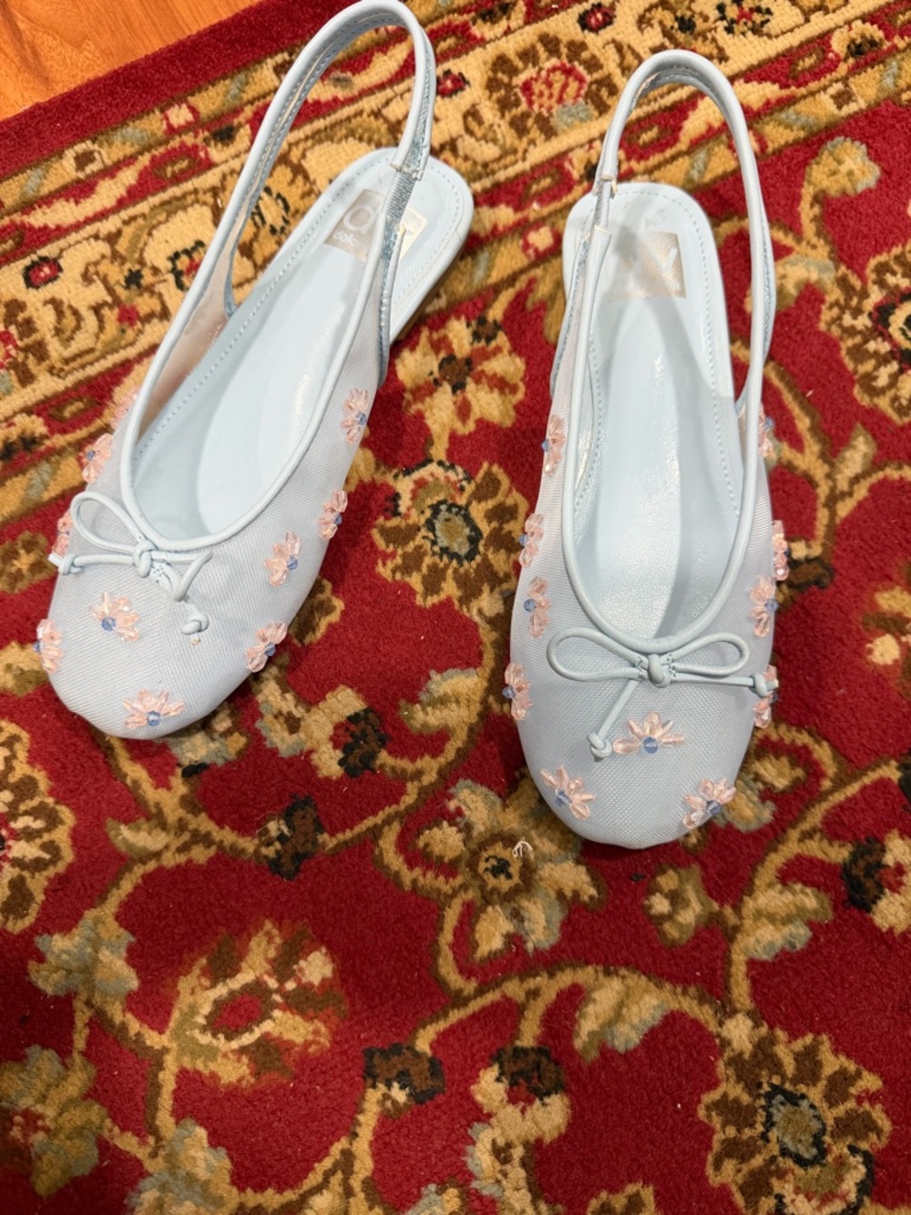 Light Blue Slingback Ballet Flats with Pink Floral Appliques